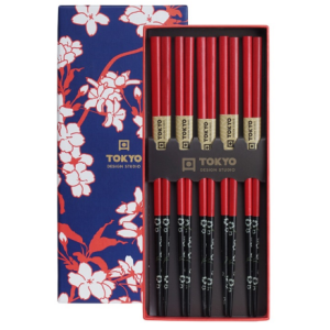 Tokyo 5er Essstäbchen rot/schwarze Blume in Geschenkbox