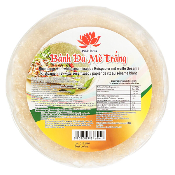Pink Lotus Banh Da Me Trang Reispapier mit weissem Sesam (brüchig) 400g