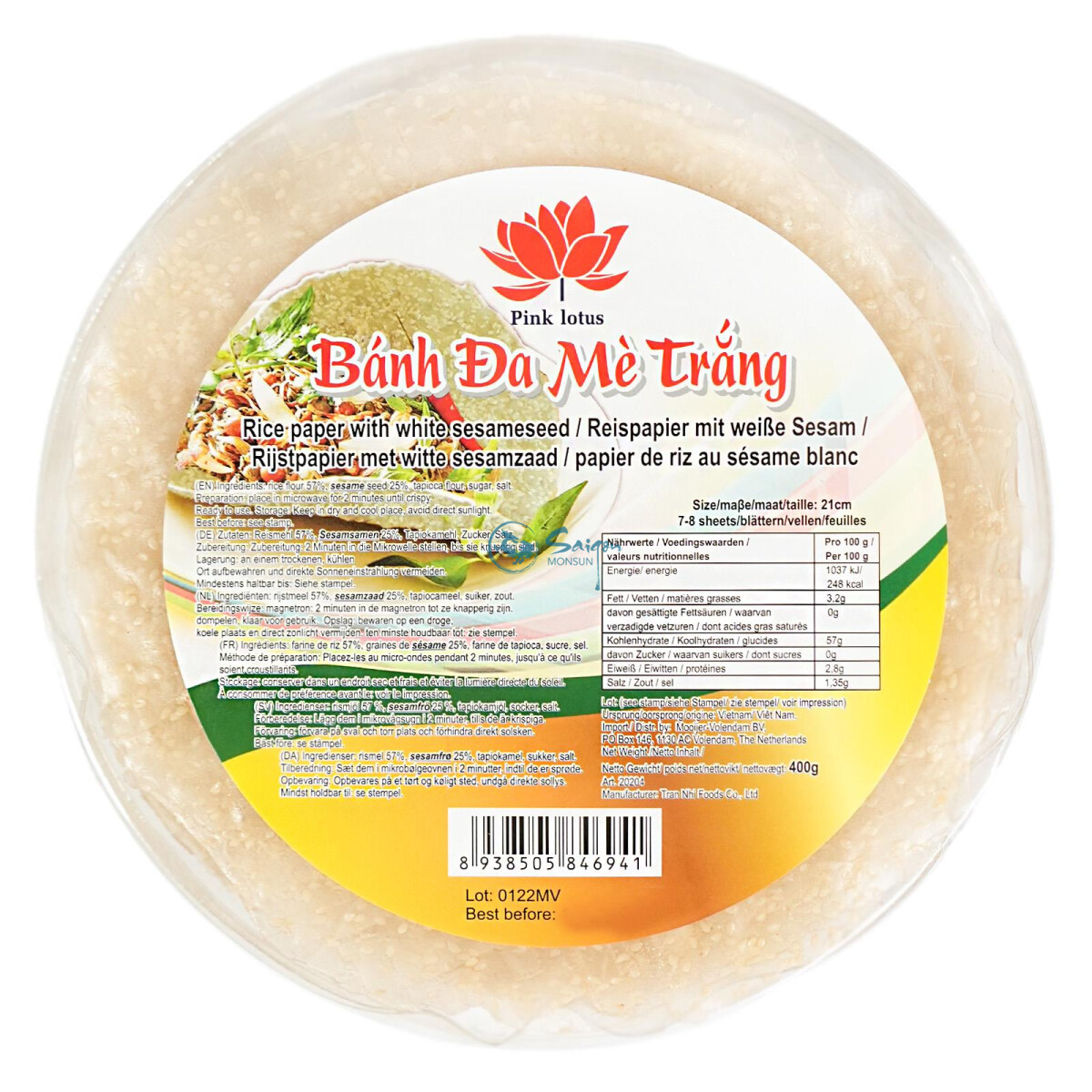 Pink Lotus Banh Da Me Trang Reispapier mit weissem Sesam...