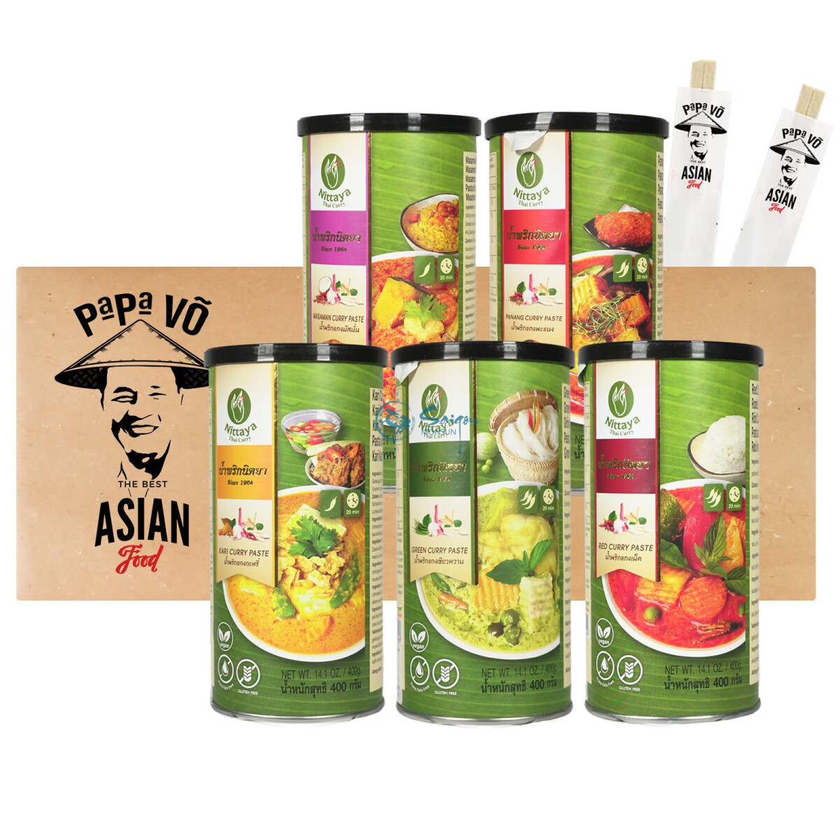 Nittaya 5er Mix Thai Curry Pasten Set (vegan) 5x400g
